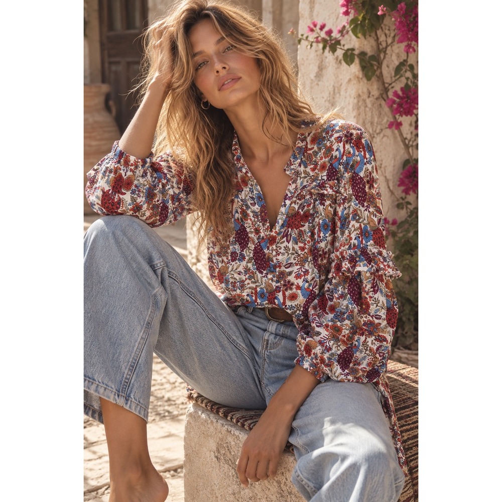 LOFT Peacock Floral Ruffle Sleeve Blouse Top Multi-Color Large Rayon Boho
